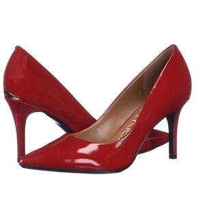 Calvin Klein Womens Red Patent Pointed Toe Stiletto Pumps Heel Logo Plaque 11M
